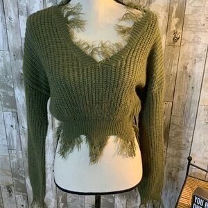 Olive Green Frayed Hem Sweater. Size S and M/L
